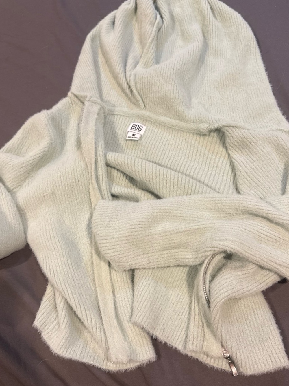 BDG Women's Hooded Ribbed Zip Cardigan in Light Sage